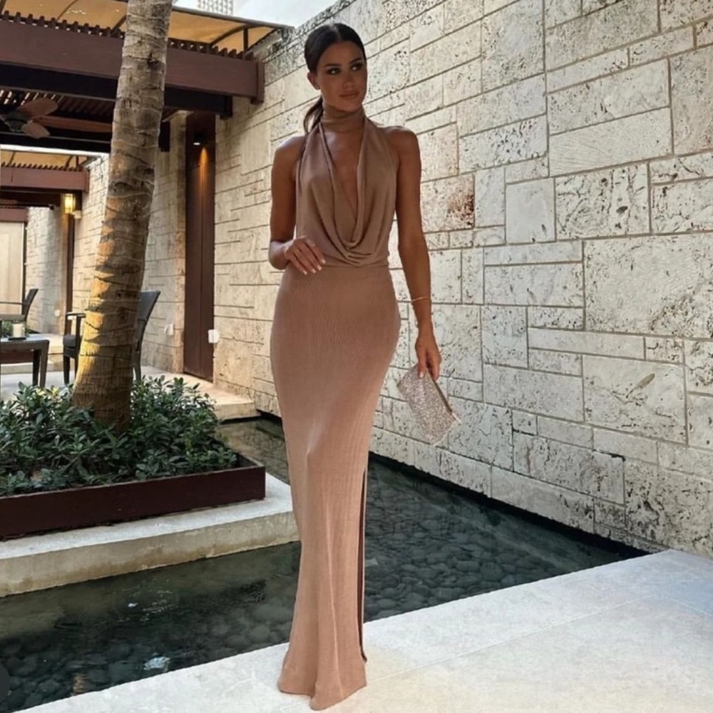 AYA MUSE Edo Knit Cowl Backless Maxi Dress In Tan